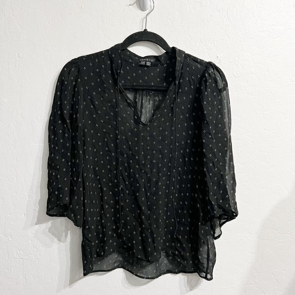 Theory Black Sheer Blouse with Tiny White Diamond Print